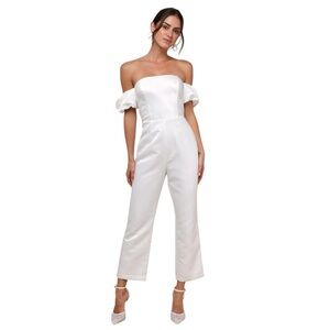 Lulu’s Chic Vow White Satin Off the Shoulder Bow Jumpsuit
